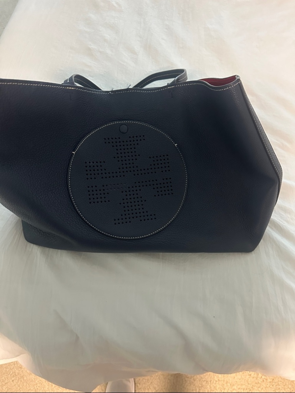 Navy Leather Tote Bag with Perforated Round Detail